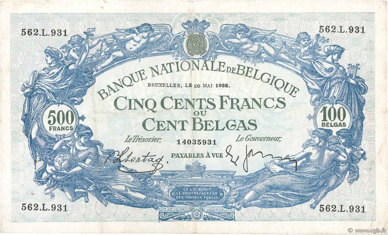 500 Francs - 100 Belgas BELGIEN  1938 P.109 SS
