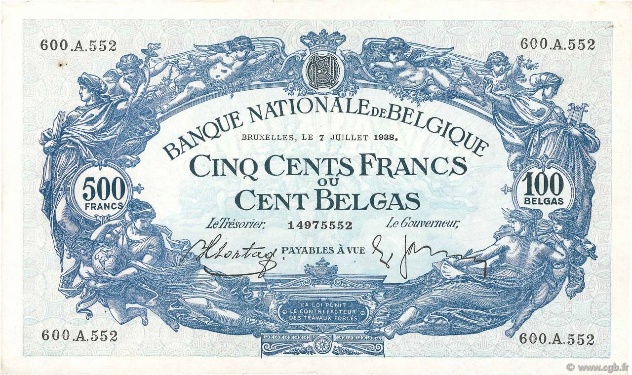 500 Francs - 100 Belgas BÉLGICA  1938 P.109 MBC