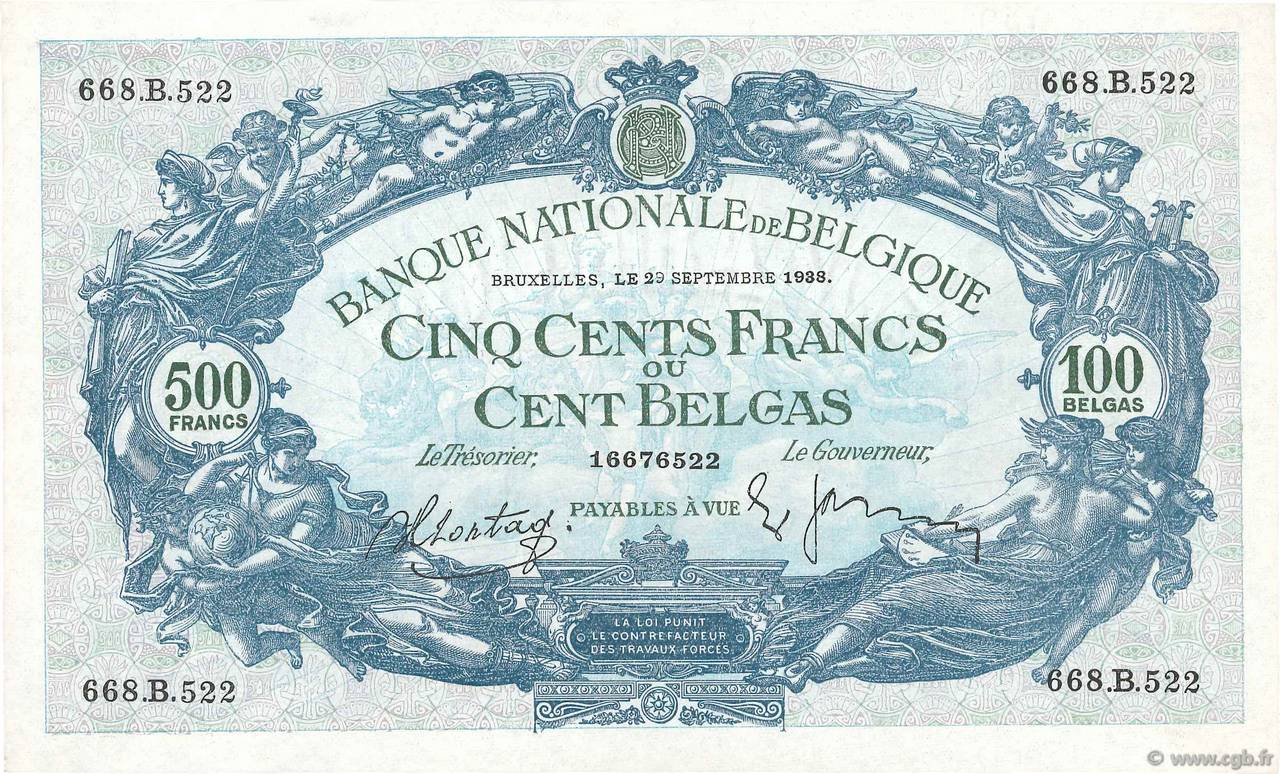 500 Francs - 100 Belgas BELGIO  1938 P.109 SPL