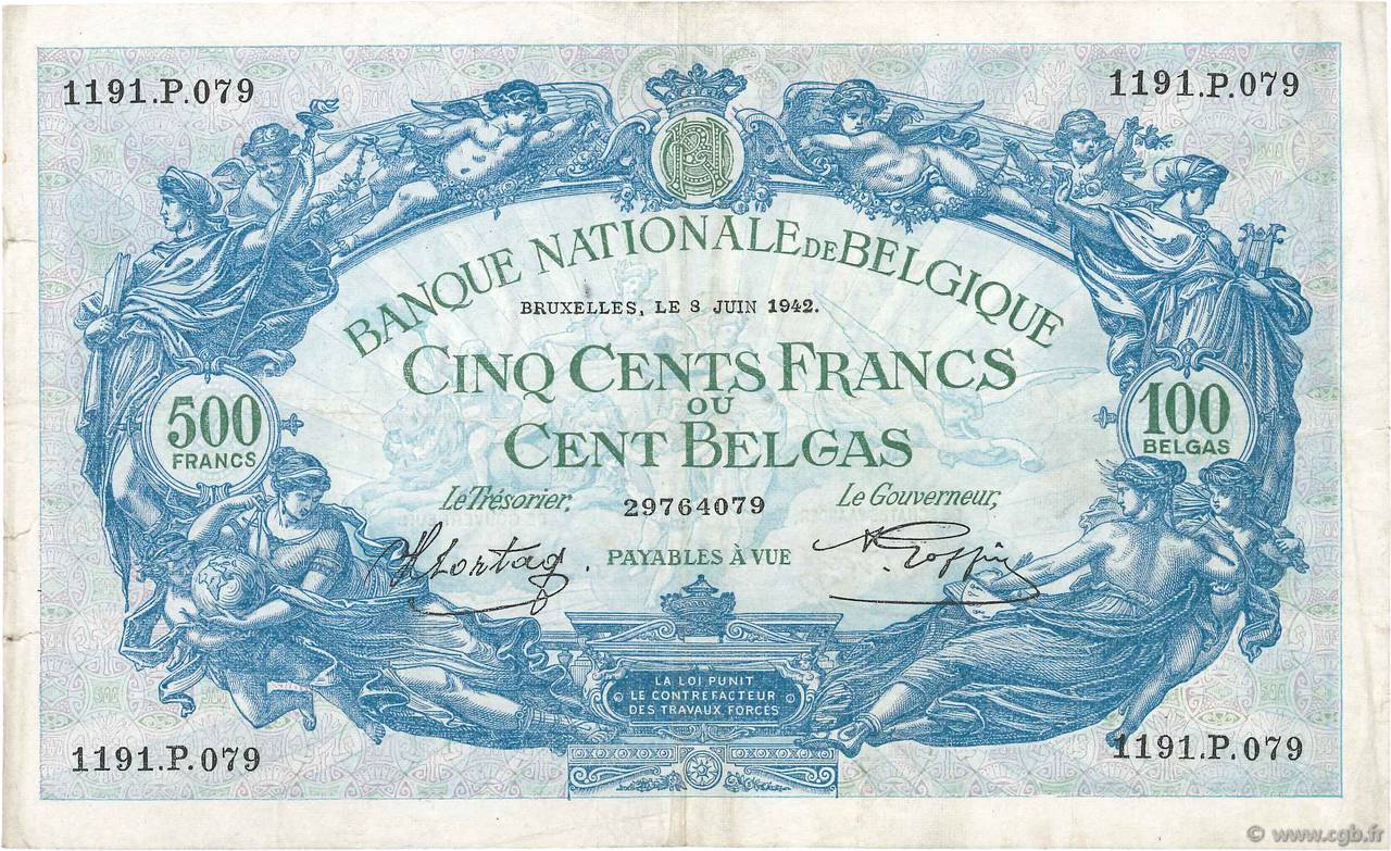 500 Francs - 100 Belgas BELGIUM  1942 P.109 F+