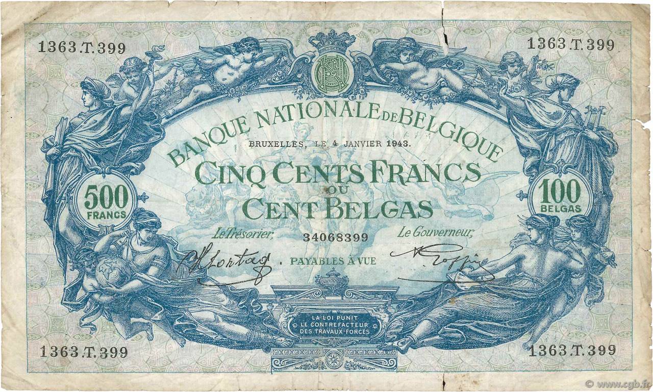 500 Francs - 100 Belgas BELGIUM  1943 P.109 G