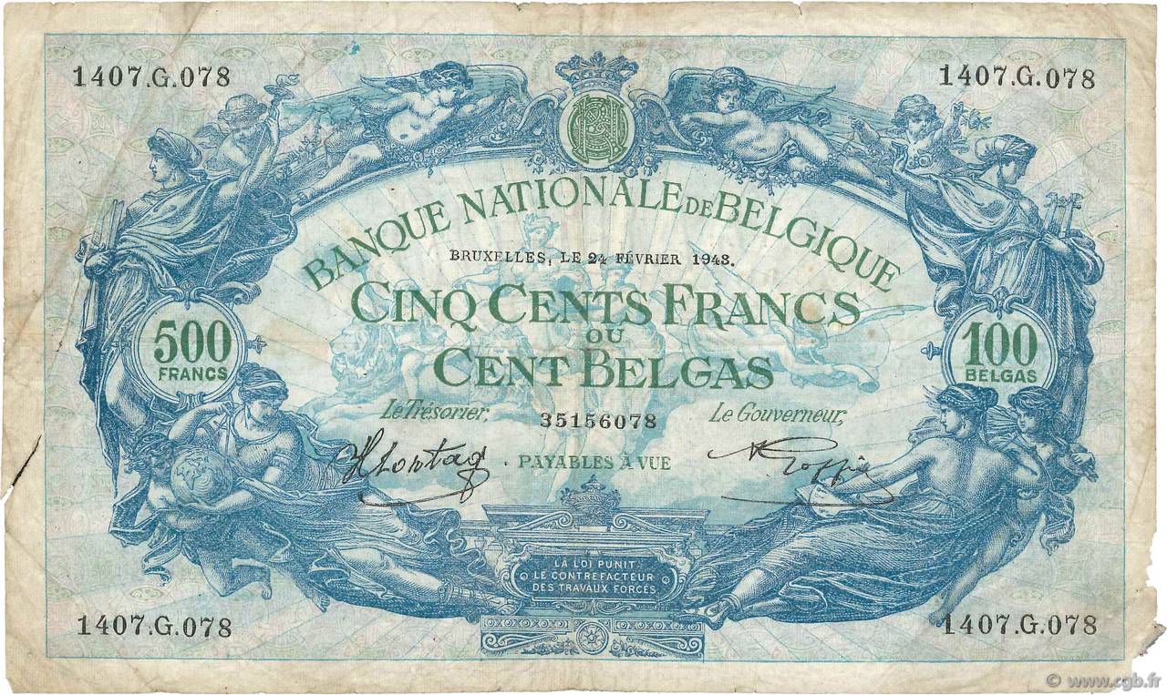 500 Francs - 100 Belgas BELGIO  1943 P.109 B