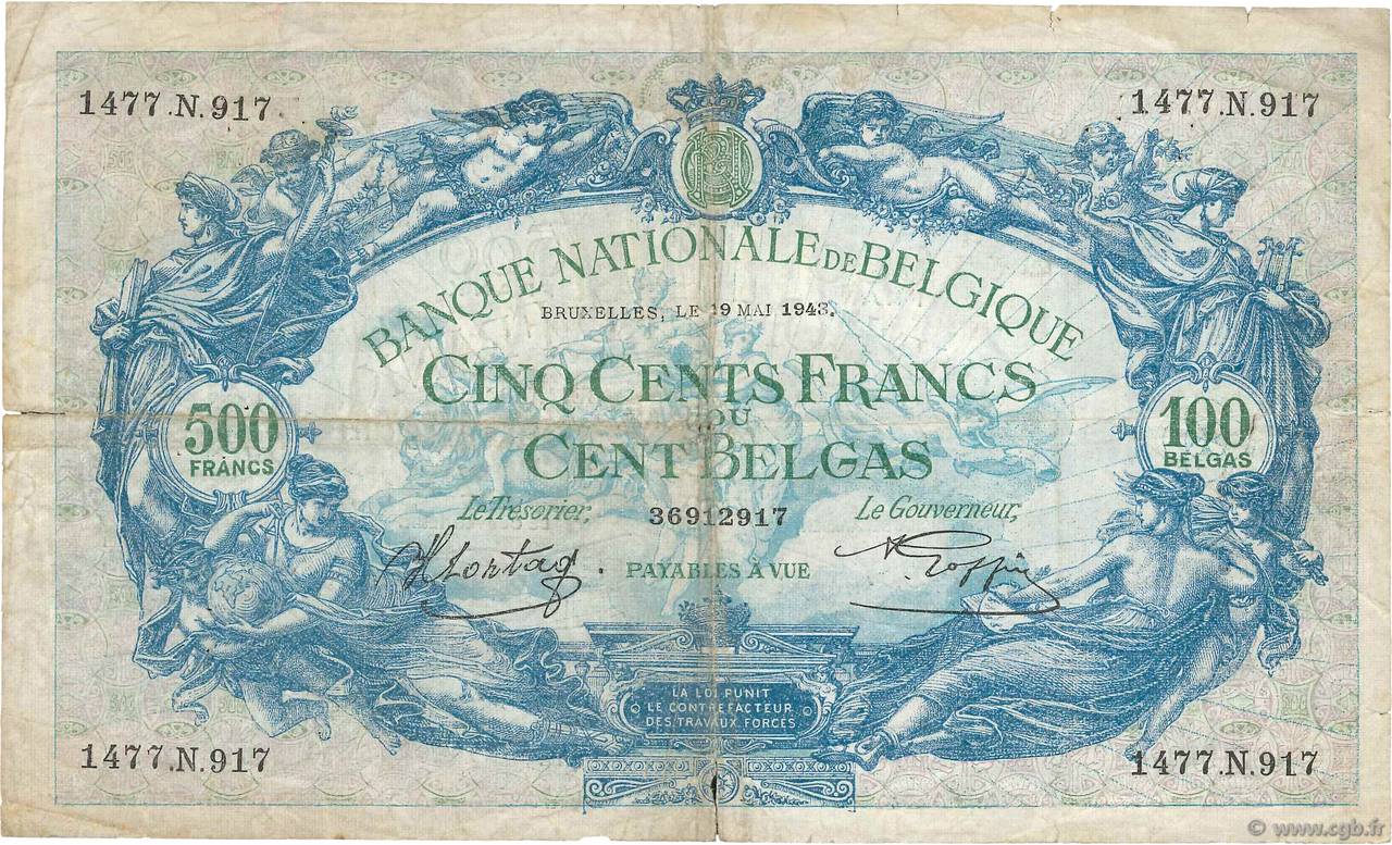 500 Francs - 100 Belgas BELGIEN  1943 P.109 SGE