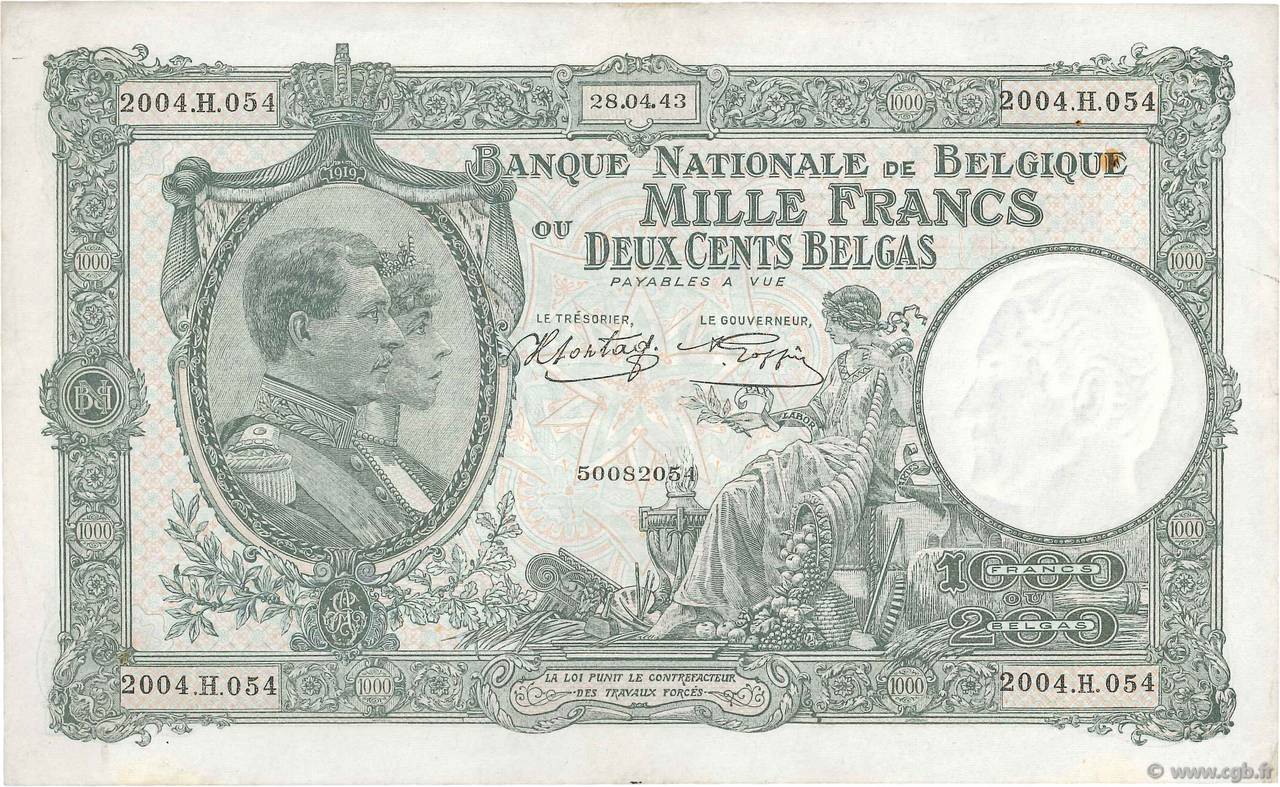 1000 Francs - 200 Belgas BELGIUM  1943 P.110 VF+