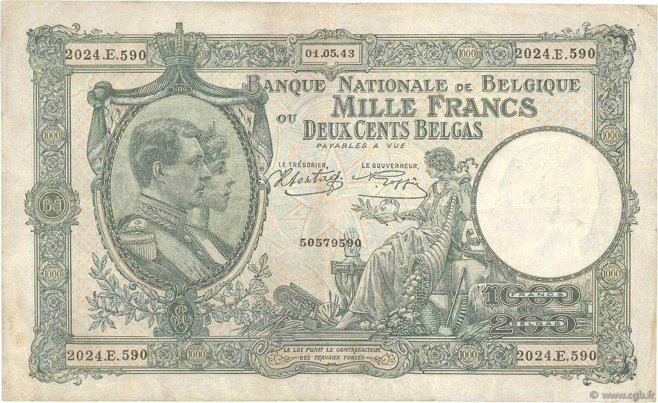 1000 Francs - 200 Belgas BELGIEN  1943 P.110 SS