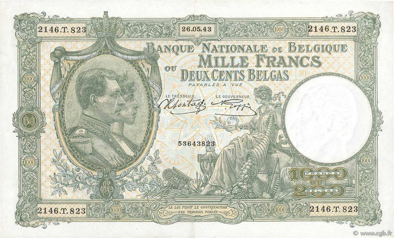1000 Francs - 200 Belgas BELGIEN  1943 P.110 fST