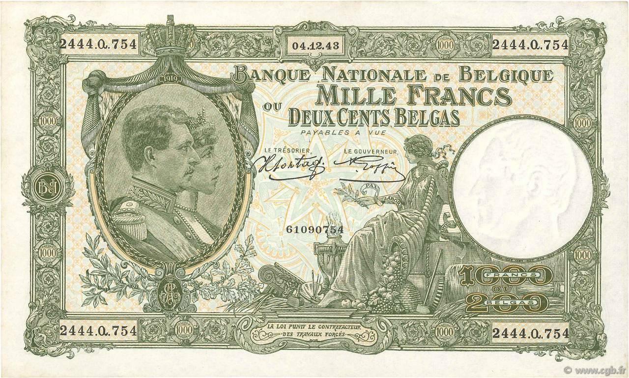 1000 Francs - 200 Belgas BELGIEN  1943 P.110 VZ