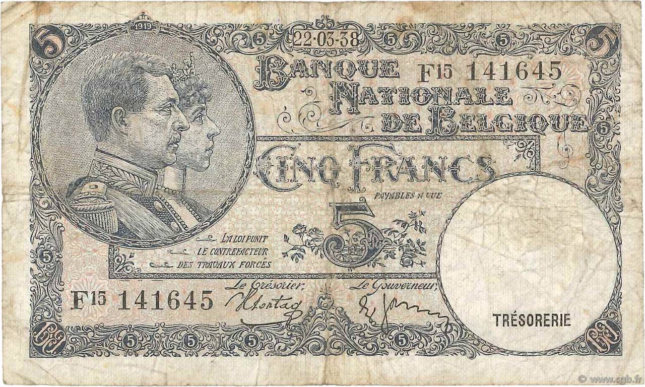 5 Francs BELGIEN  1938 P.108a SGE