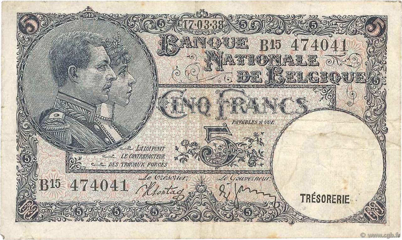 5 Francs BELGIO  1938 P.108a q.BB