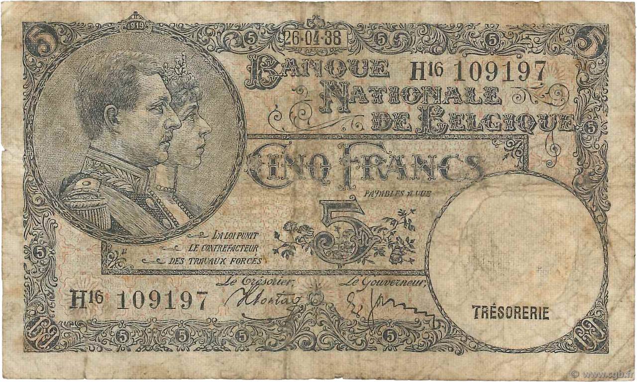 5 Francs BÉLGICA  1938 P.108a RC