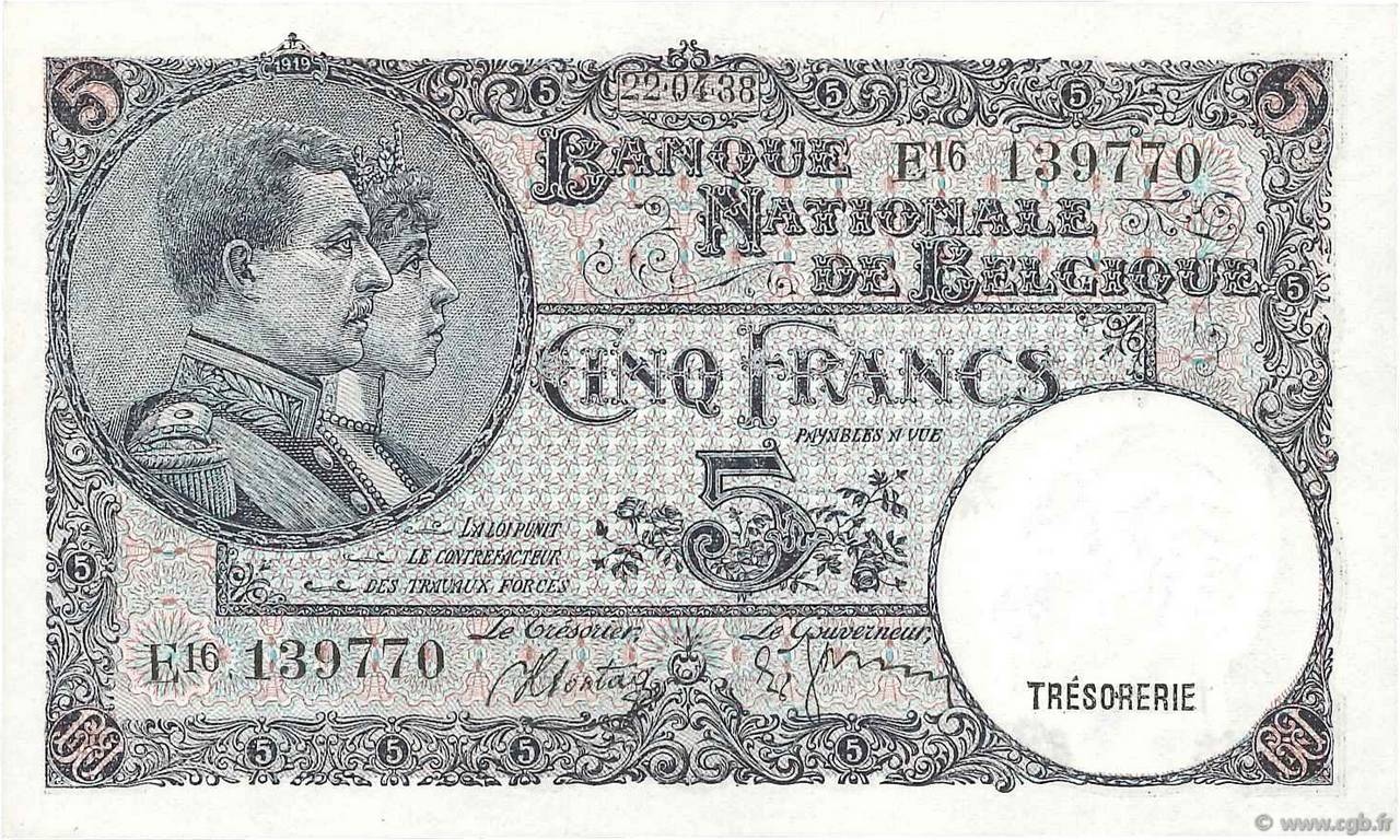 5 Francs BELGIEN  1938 P.108a ST