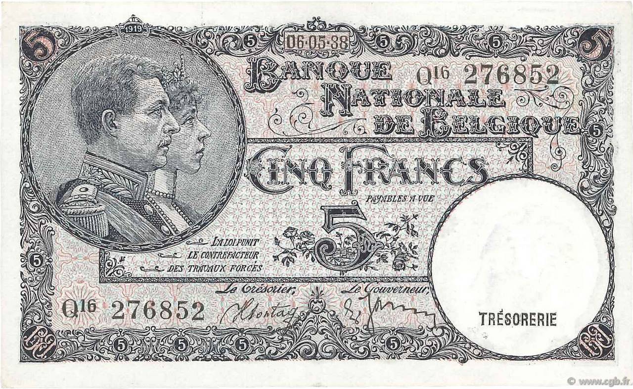 5 Francs BELGIEN  1938 P.108a VZ