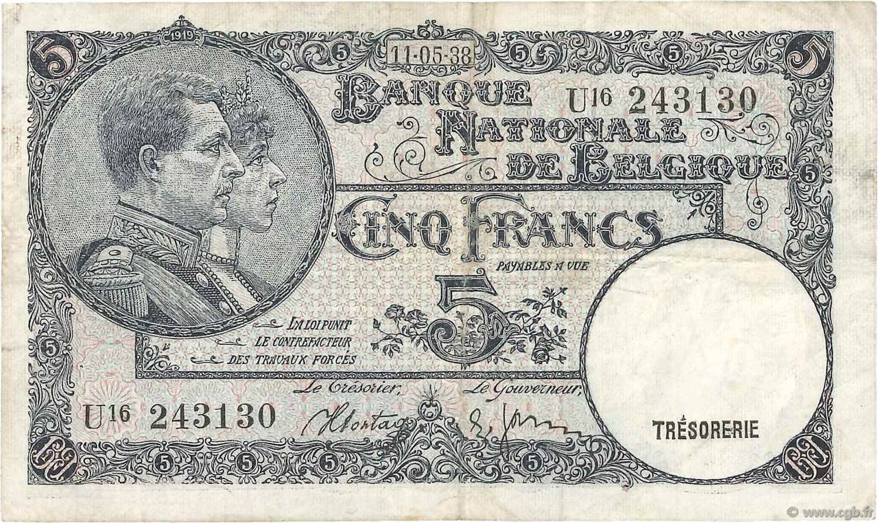 5 Francs BELGIEN  1938 P.108a SS