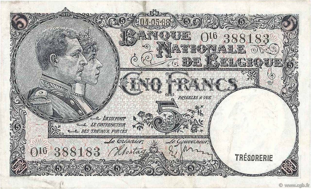 5 Francs Fauté BÉLGICA  1938 P.108- MBC
