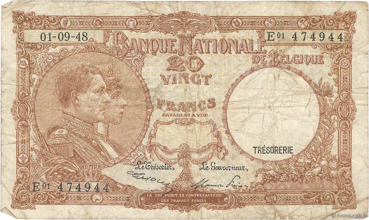 20 Francs BELGIEN  1948 P.116 SGE