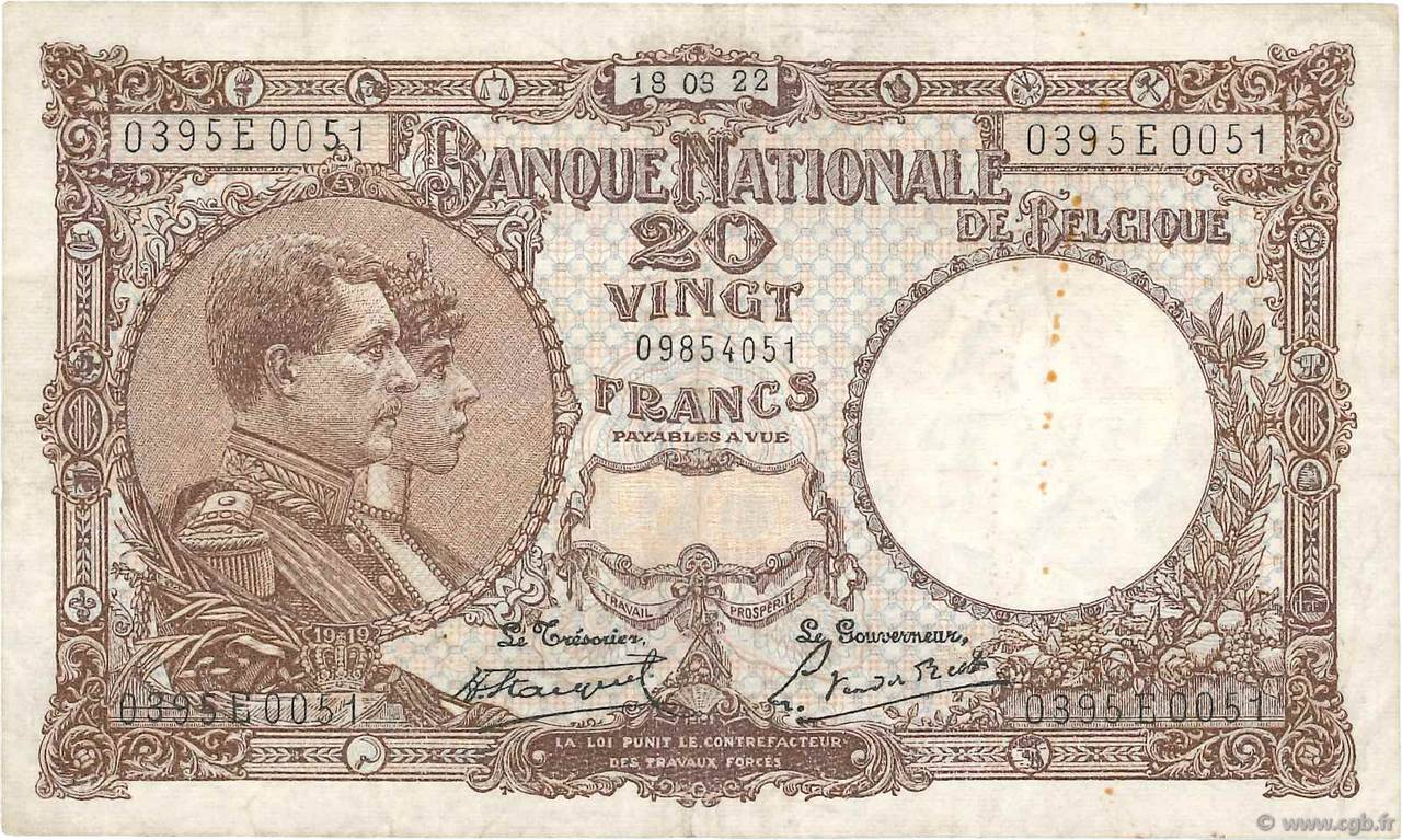 20 Francs BELGIQUE  1922 P.094 TB+