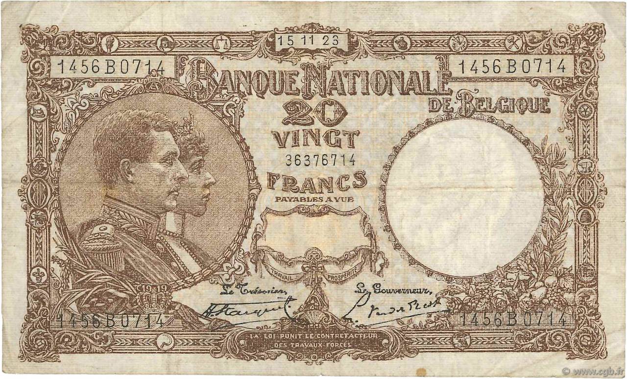 20 Francs BELGIEN  1923 P.094 S