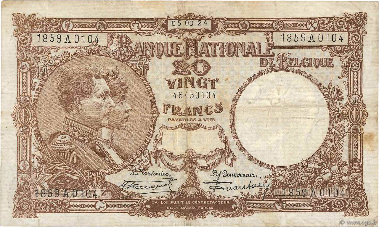20 Francs BELGIUM  1924 P.094 F