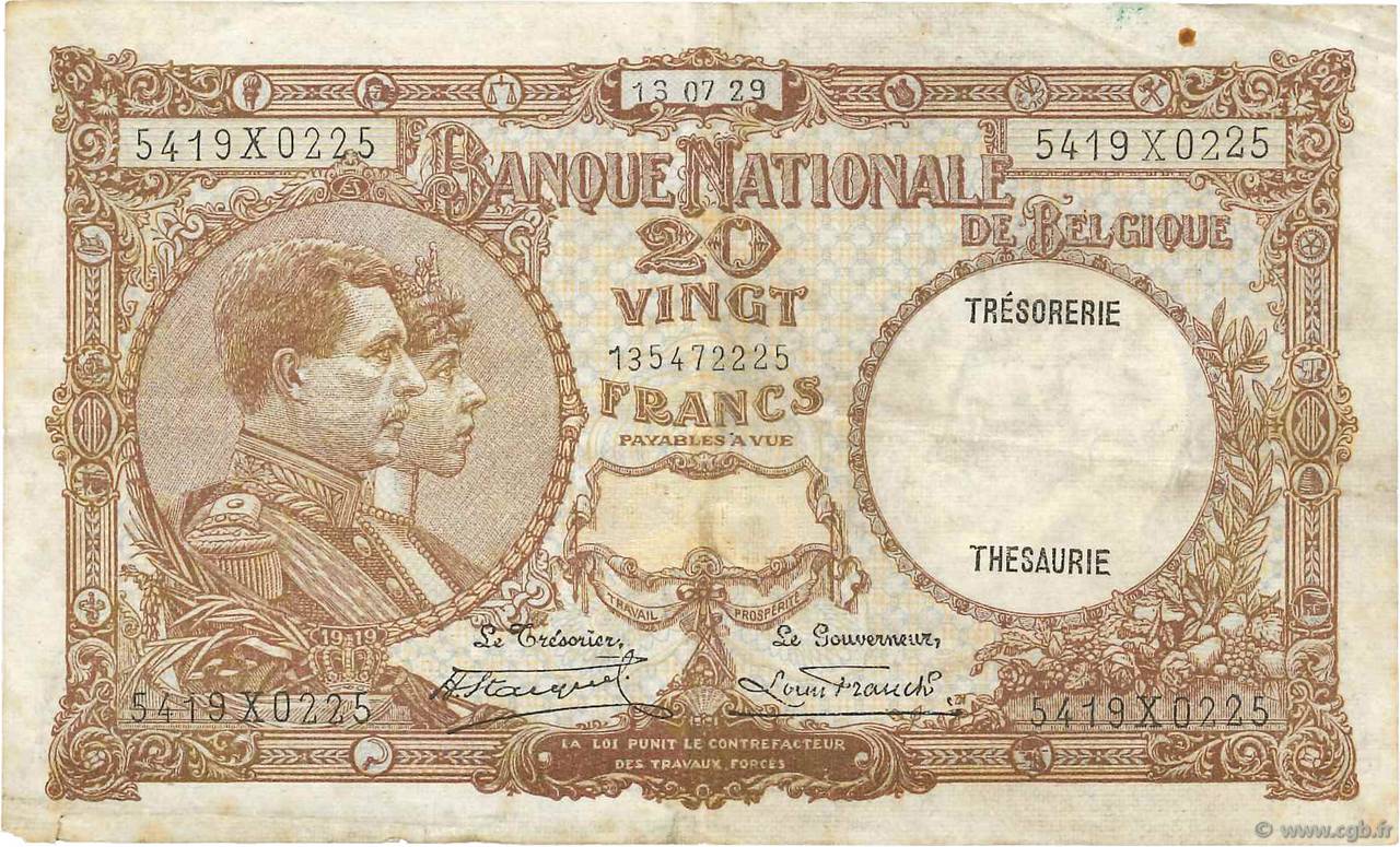 20 Francs BÉLGICA  1929 P.098b BC
