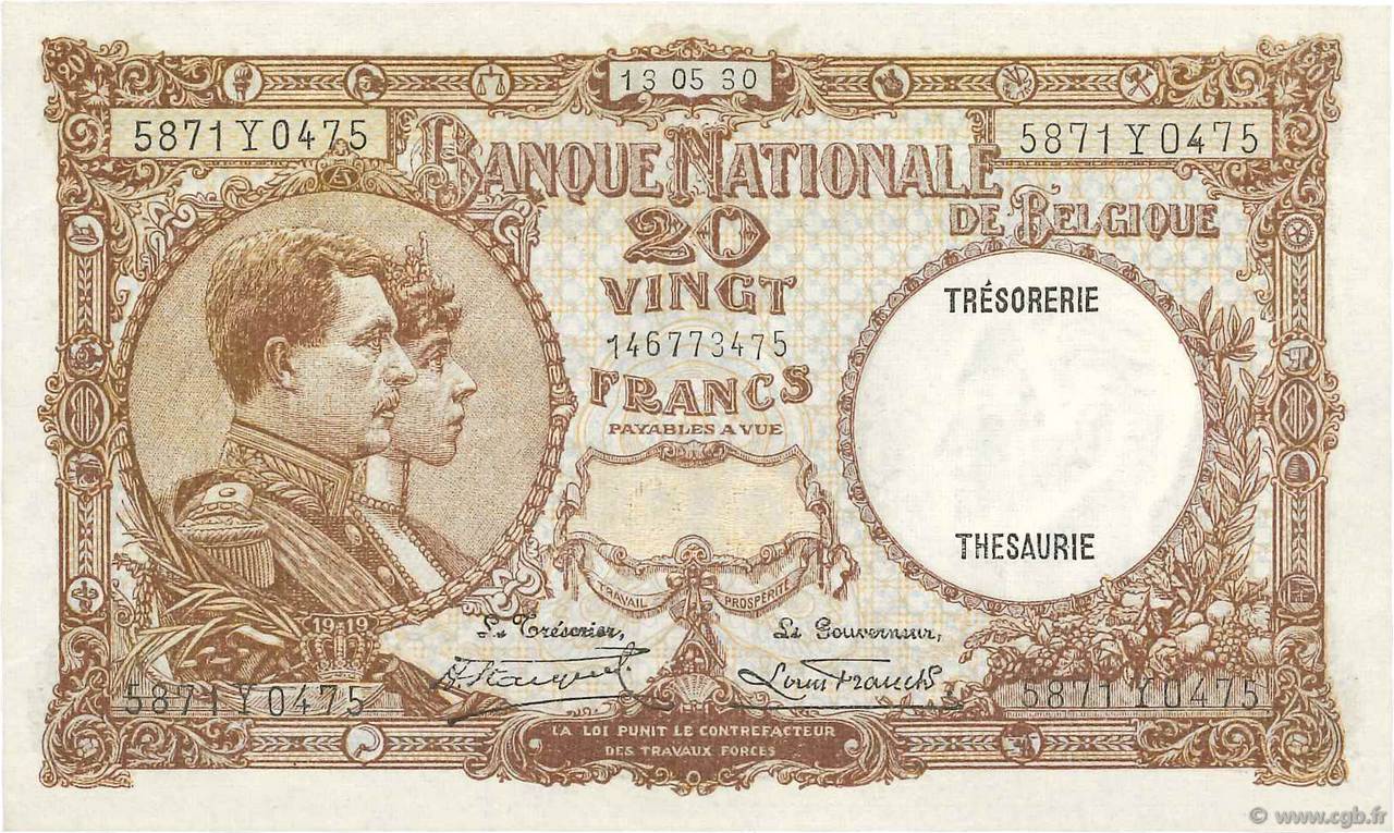20 Francs BÉLGICA  1930 P.098b MBC+