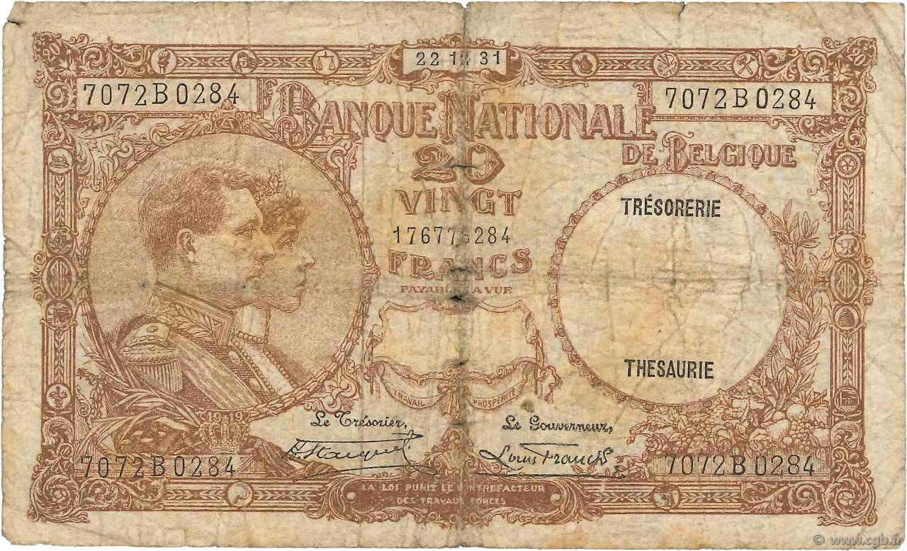 20 Francs BÉLGICA  1931 P.098b MC