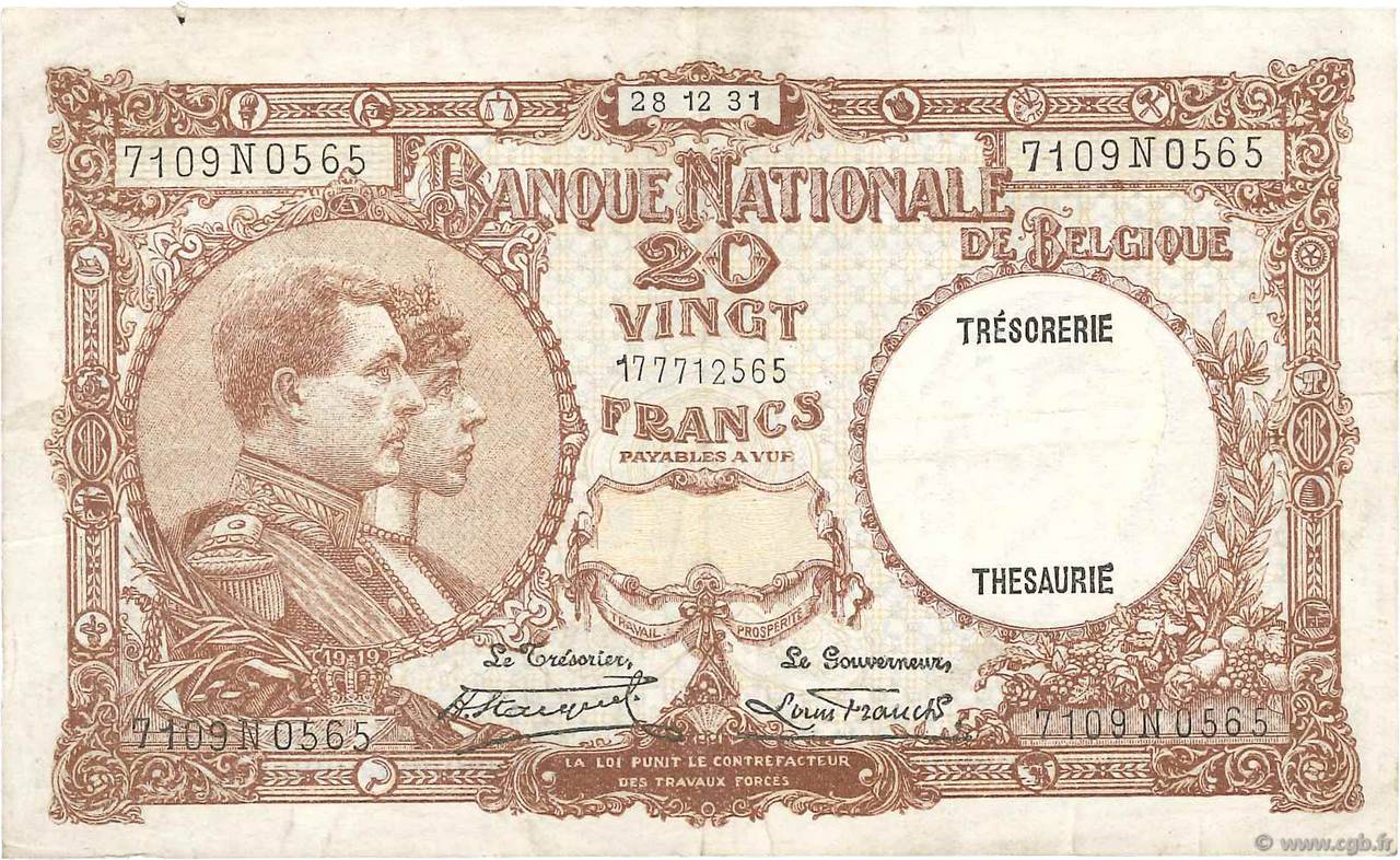 20 Francs BELGIEN  1931 P.098b fSS