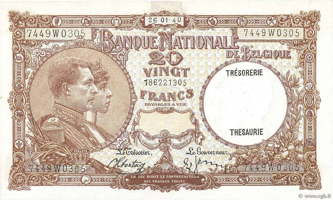 20 Francs BELGIQUE  1940 P.098c SUP+