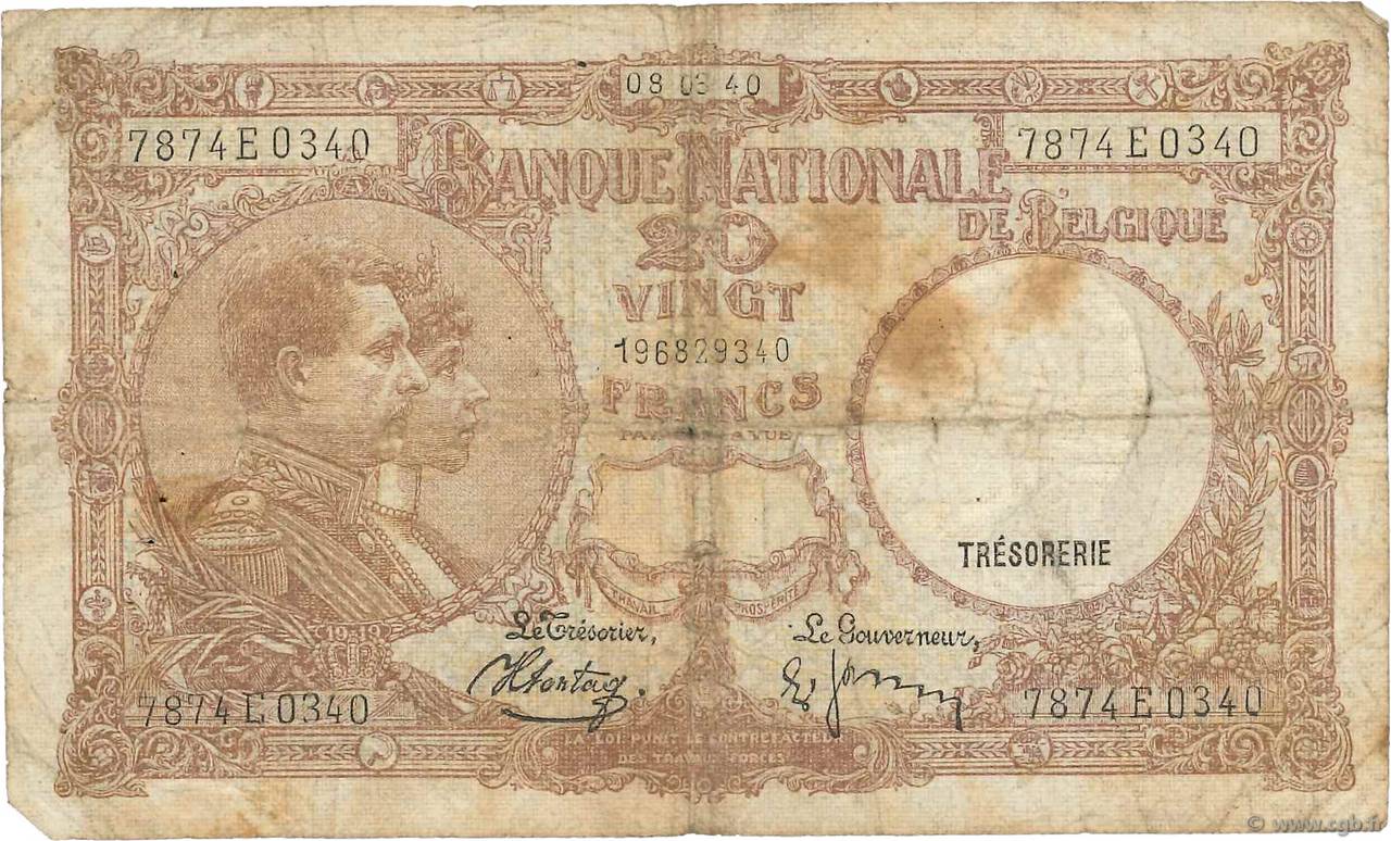20 Francs BELGIUM  1940 P.111 G