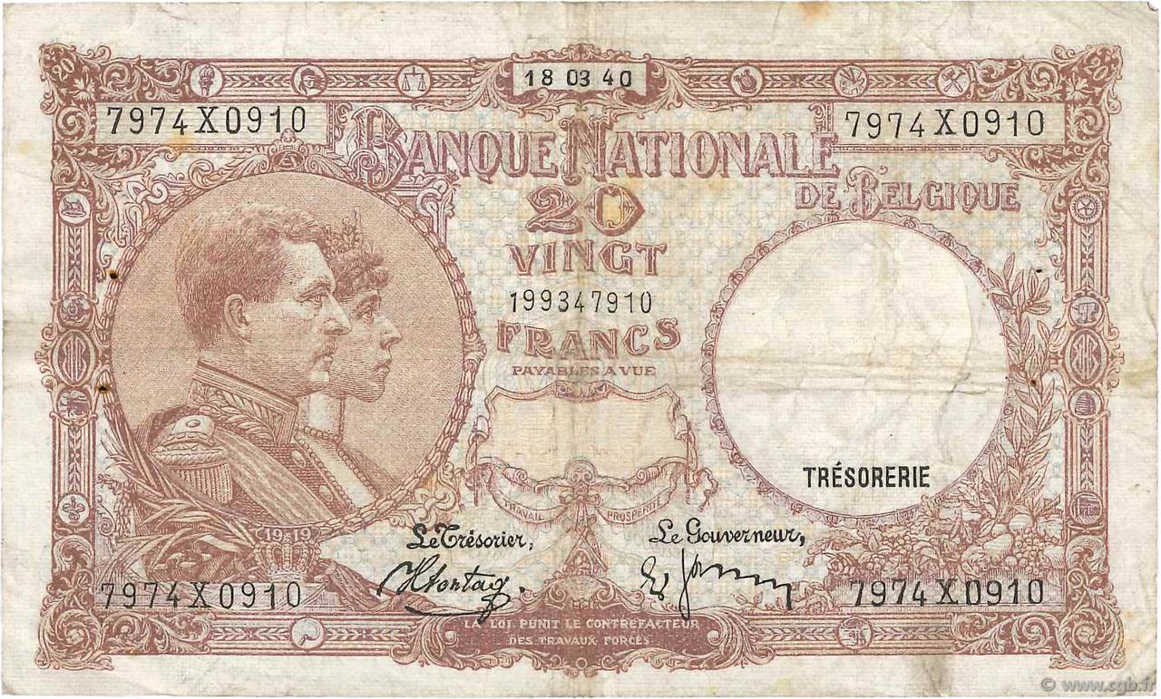 20 Francs BELGIUM  1940 P.111 F