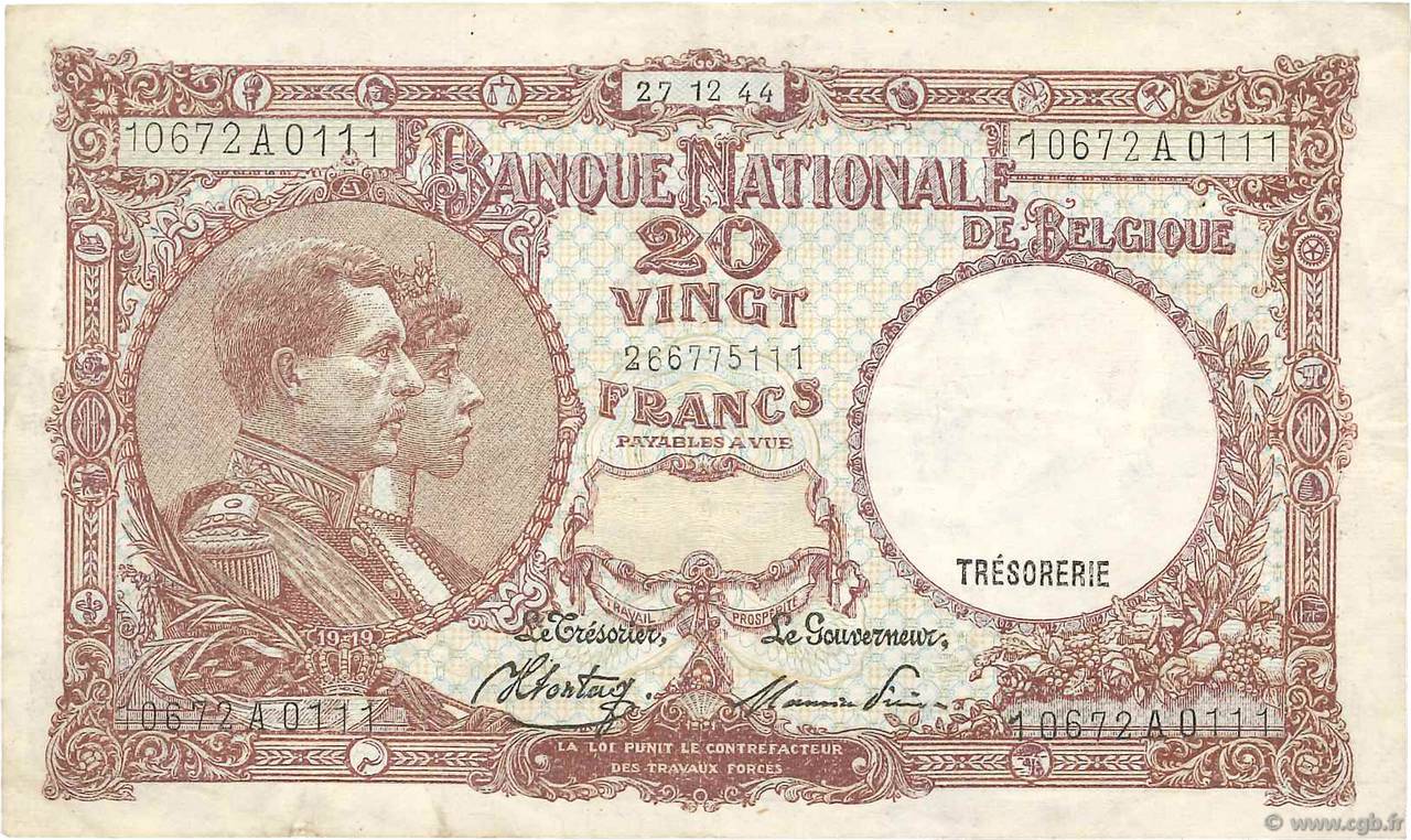 20 Francs BÉLGICA  1940 P.111 MBC