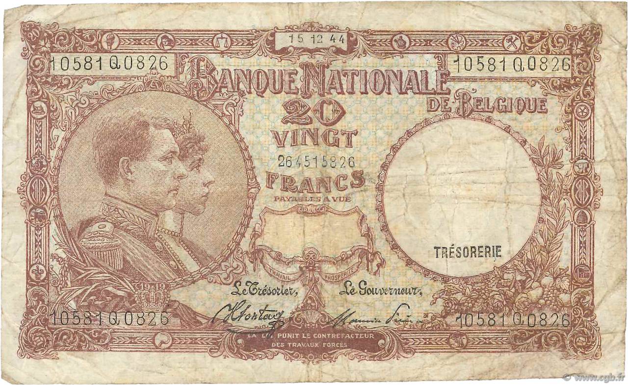20 Francs BELGIEN  1944 P.111 SGE