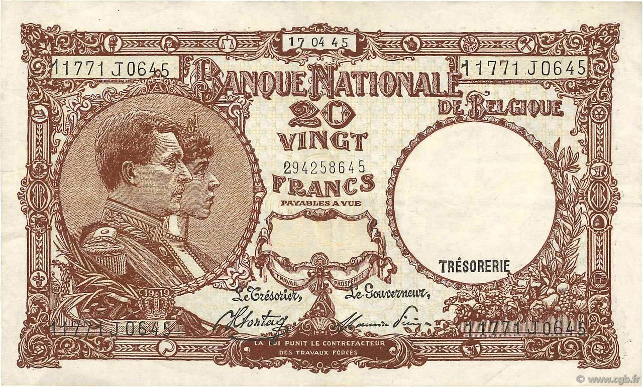 20 Francs BELGIUM  1944 P.111 VF
