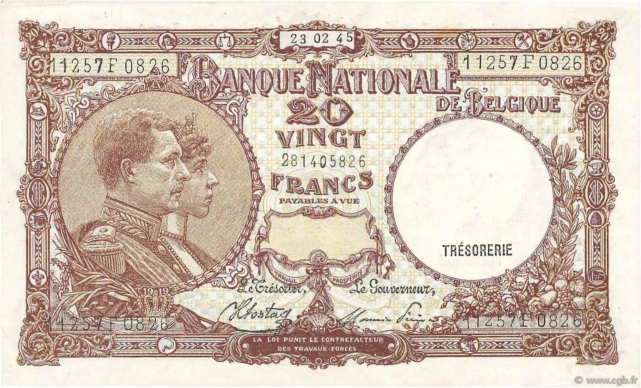 20 Francs BELGIUM  1944 P.111 XF