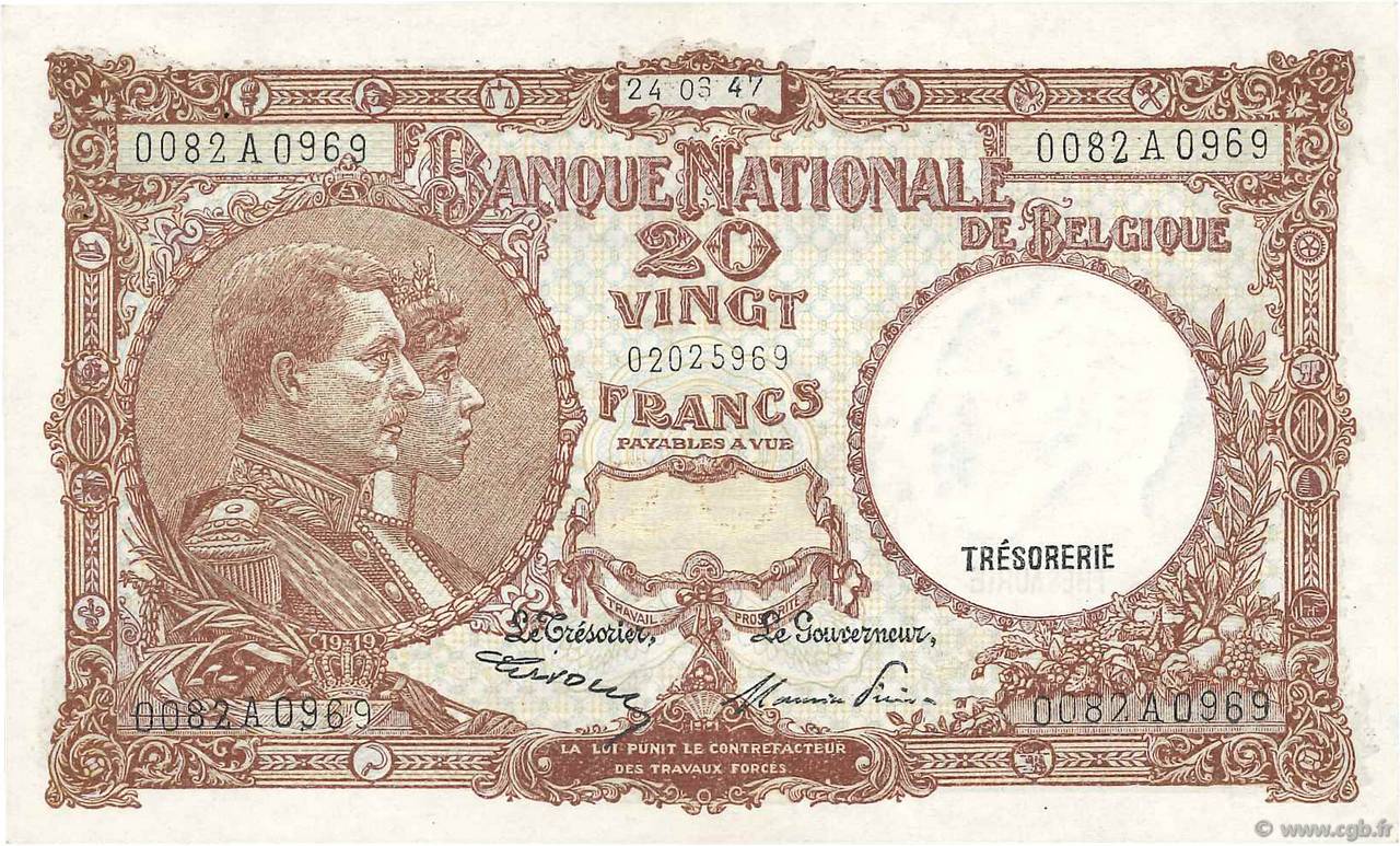 20 Francs BÉLGICA  1947 P.111 EBC
