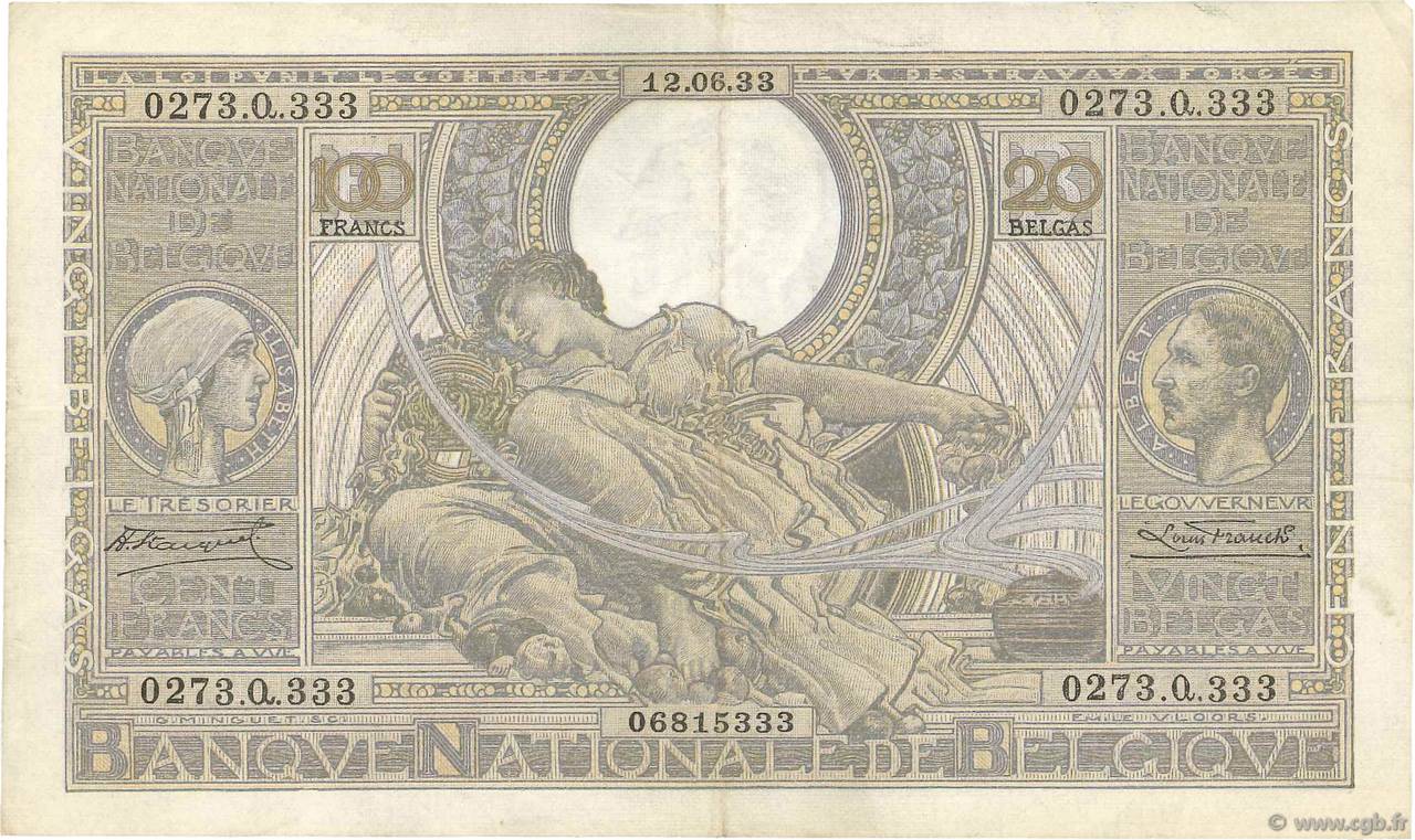 100 Francs - 20 Belgas BELGIQUE  1933 P.107 TTB