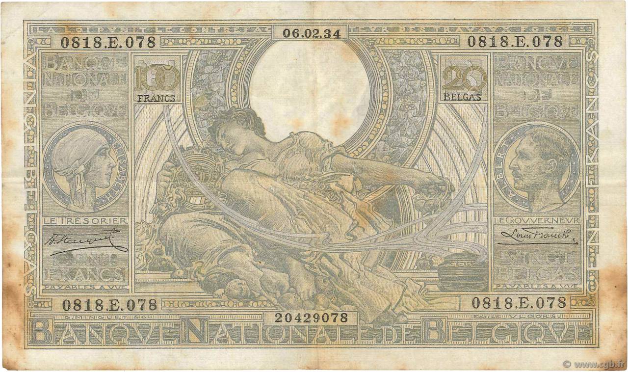 100 Francs - 20 Belgas BELGIUM  1934 P.107 F