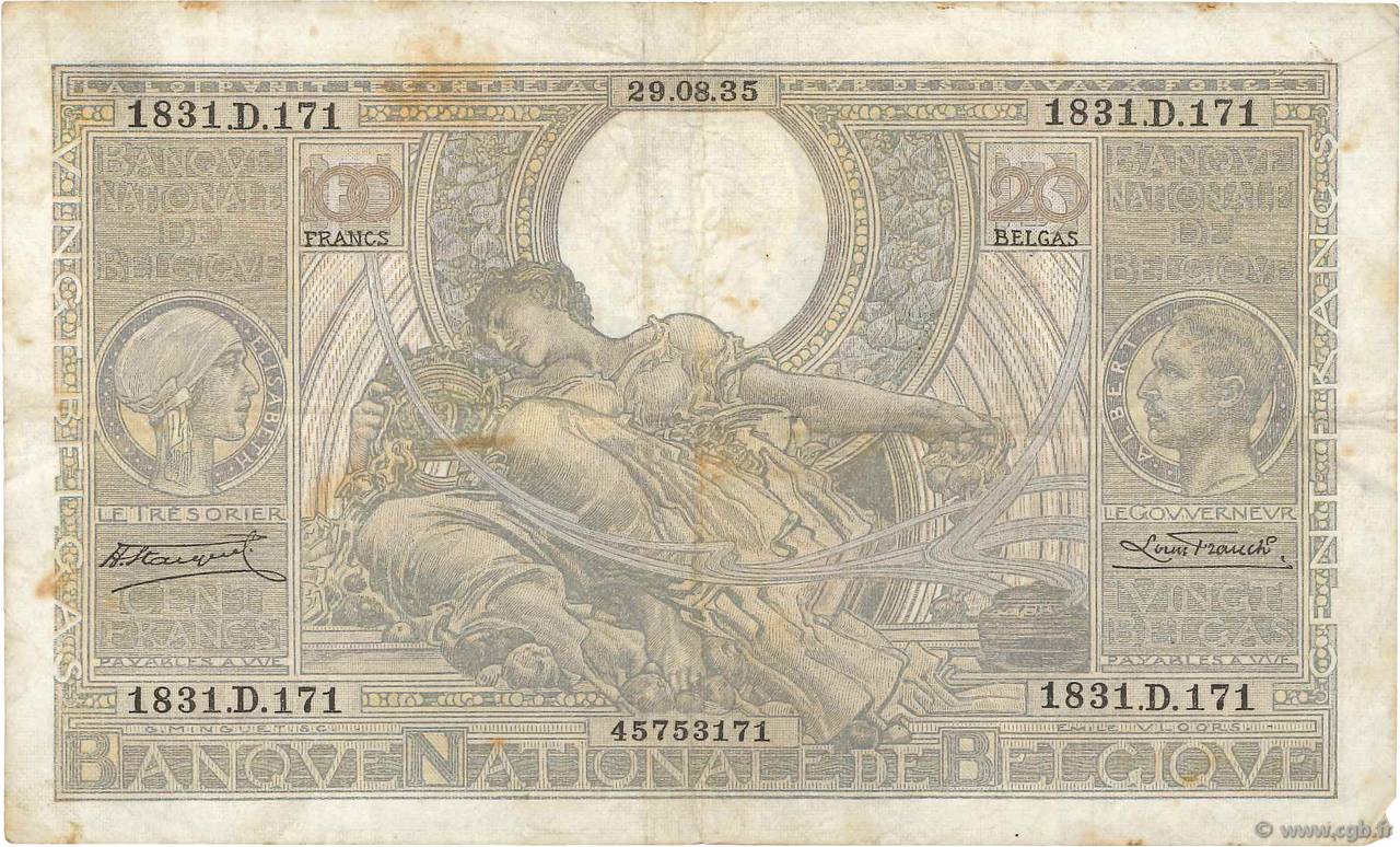 100 Francs - 20 Belgas BELGIUM  1935 P.107 F