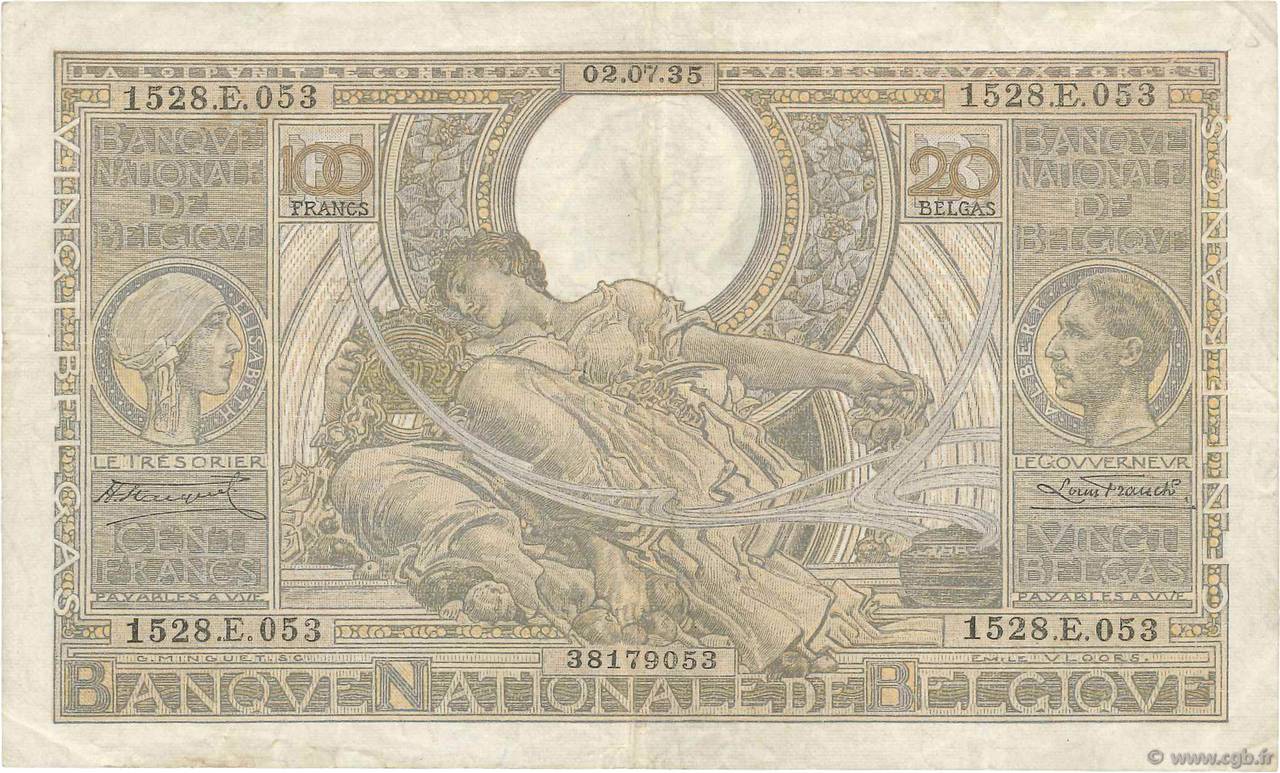 100 Francs - 20 Belgas BELGIUM  1935 P.107 VF