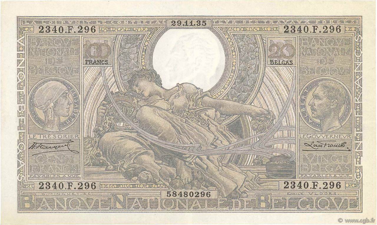 100 Francs - 20 Belgas BELGIEN  1935 P.107 VZ
