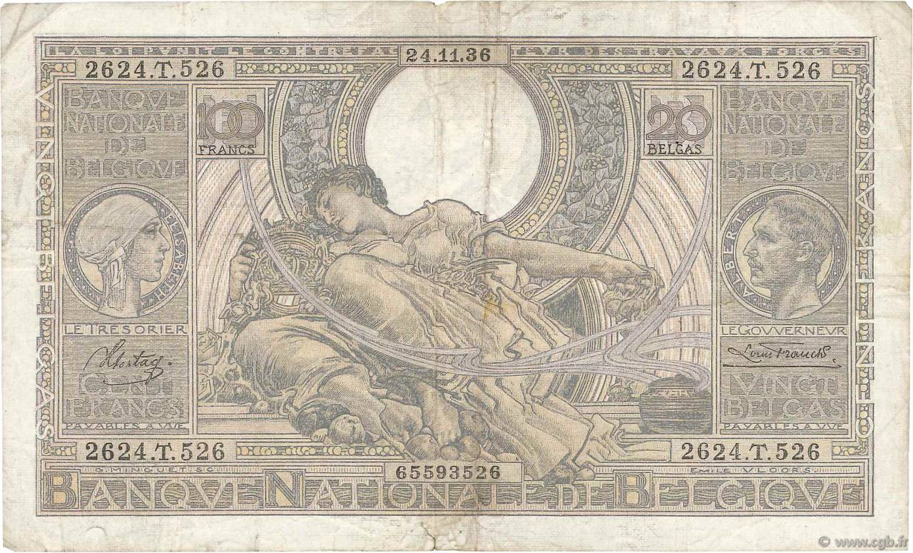 100 Francs - 20 Belgas BELGIEN  1936 P.107 S