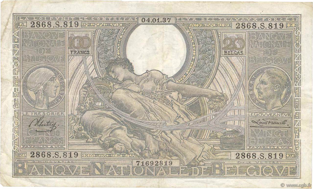 100 Francs - 20 Belgas BÉLGICA  1937 P.107 BC+