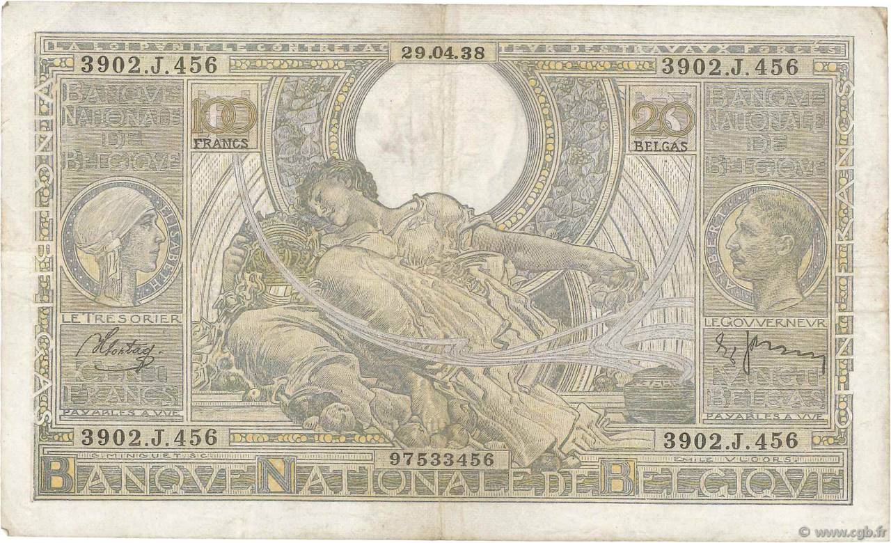 100 Francs - 20 Belgas BELGIUM  1938 P.107 F+