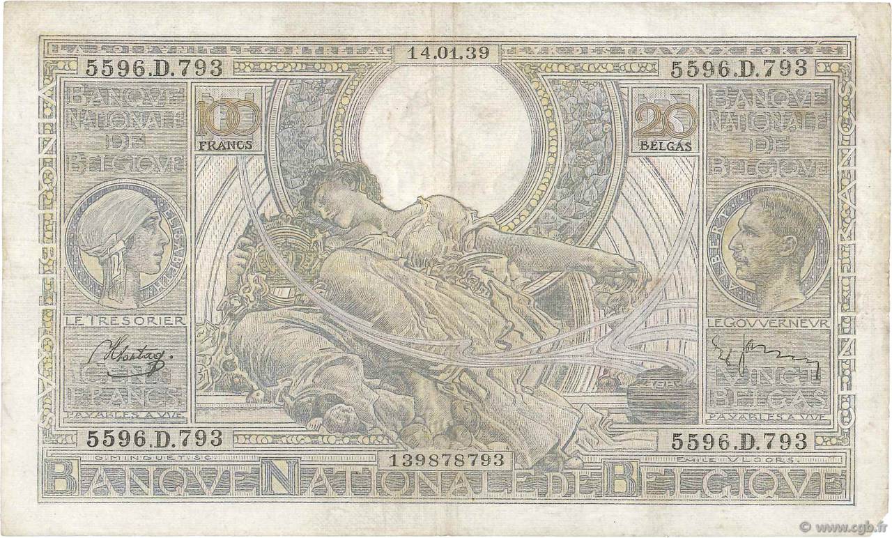 100 Francs - 20 Belgas BELGIEN  1939 P.107 SS