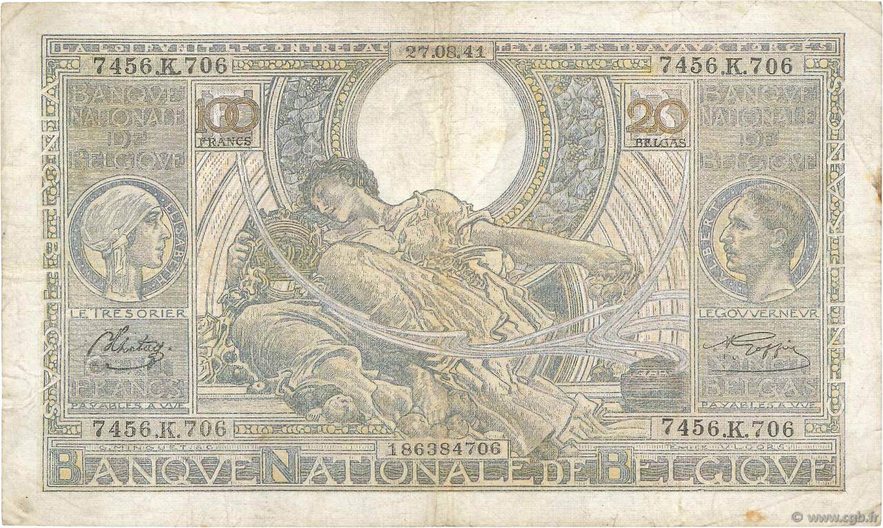100 Francs - 20 Belgas BELGIQUE  1941 P.107 TTB