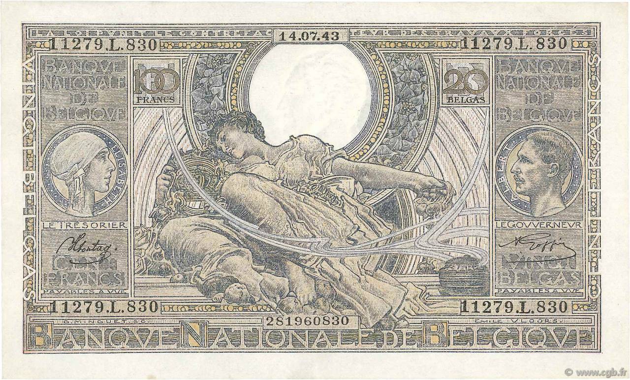 100 Francs - 20 Belgas BELGIUM  1943 P.107 XF