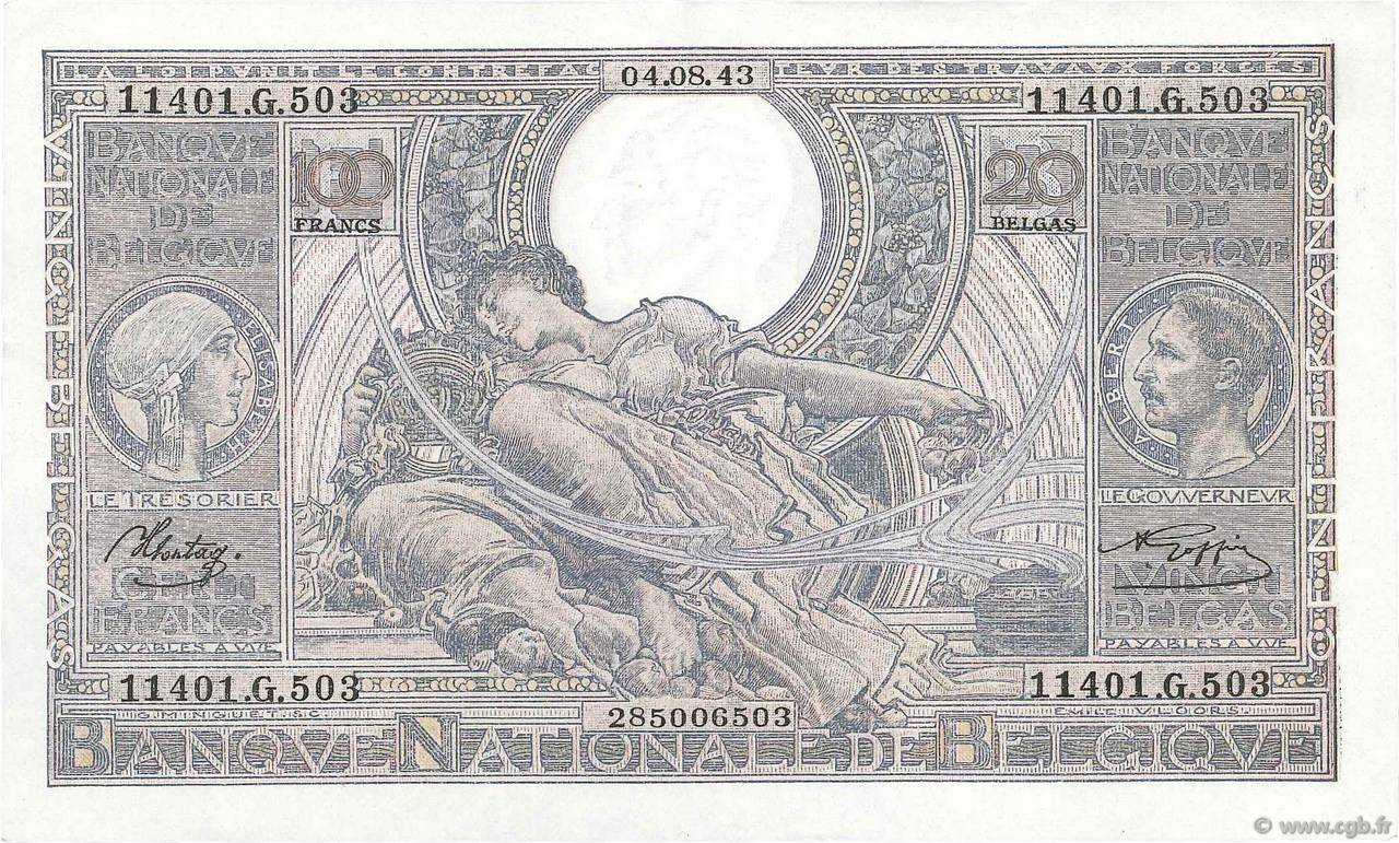 100 Francs - 20 Belgas BELGIEN  1943 P.107 fST