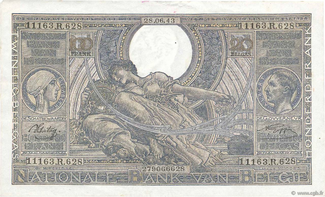 100 Francs - 20 Belgas BELGIO  1943 P.112 q.SPL
