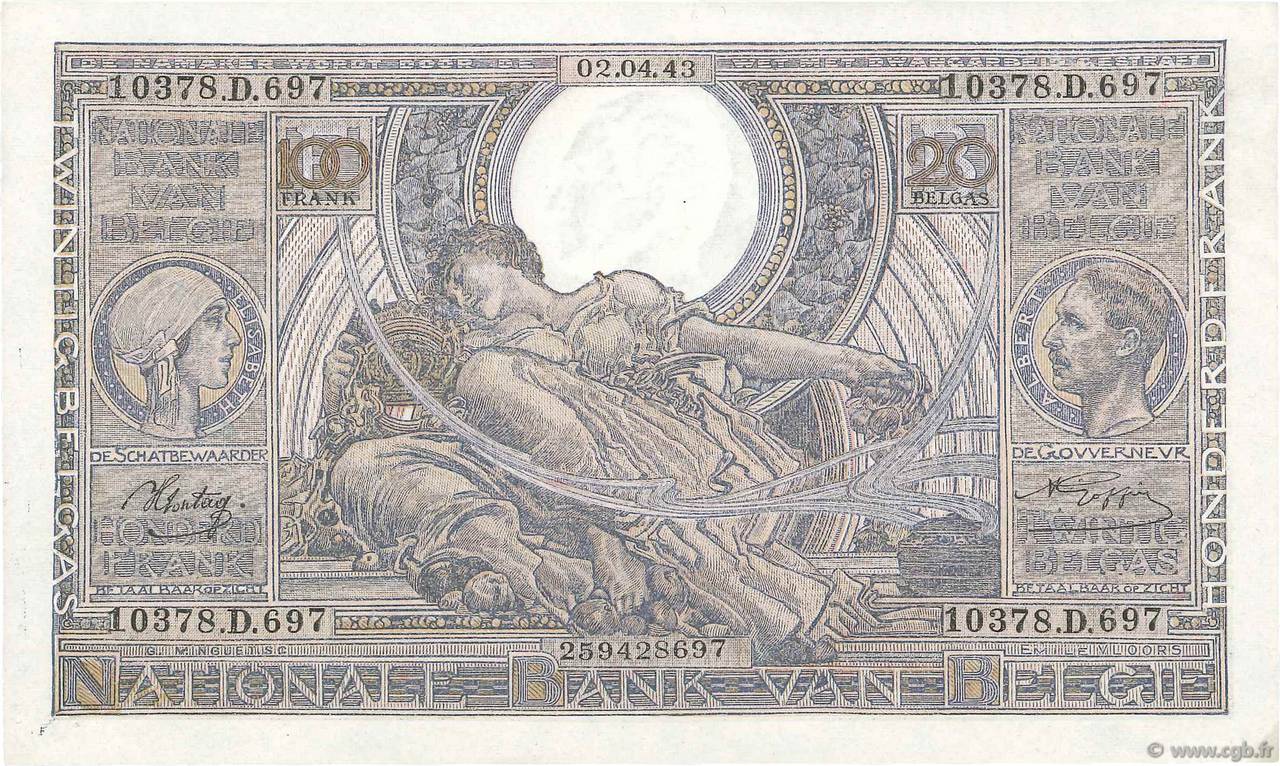 100 Francs - 20 Belgas BELGIUM  1943 P.112 XF+