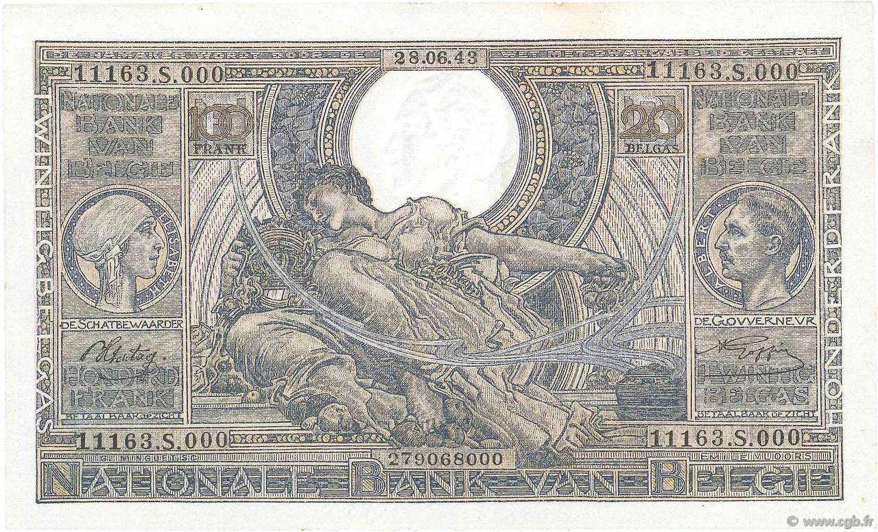 100 Francs - 20 Belgas BELGIEN  1943 P.112 fST