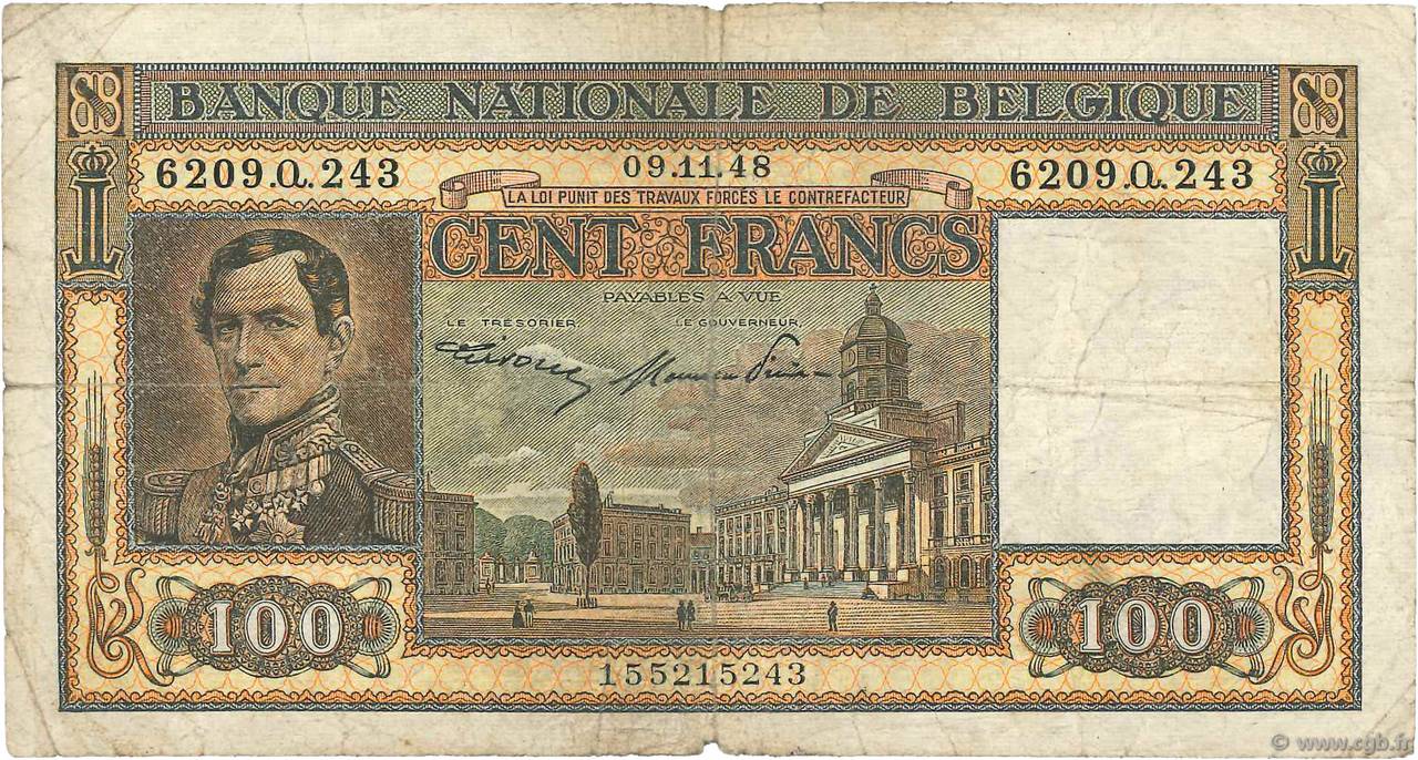100 Francs BELGIUM  1947 P.126 G